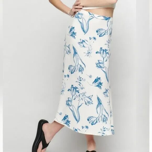 NEW Reformation Floral Bea Midi Skirt in Lisse Blue / Ecru Size 6 #1530 - Picture 4 of 9